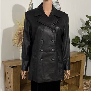Colebrook & Co Black Leather Doble Breasted Trench Coat‎ Size L
